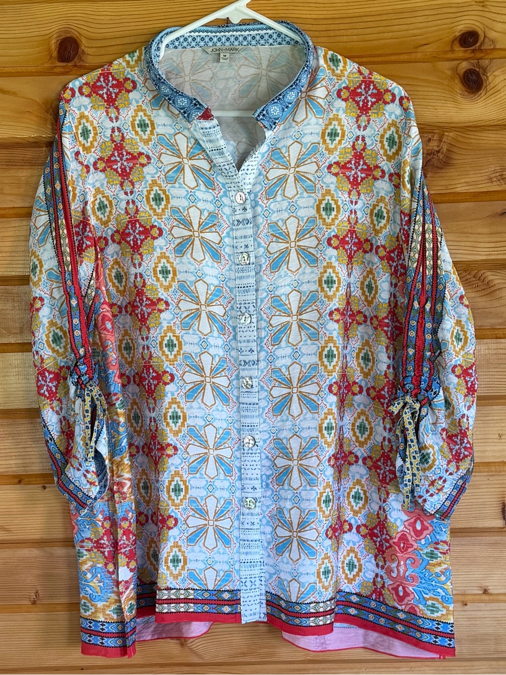 John Mark Light Blue Multicolor Printed Button-Up Blouse